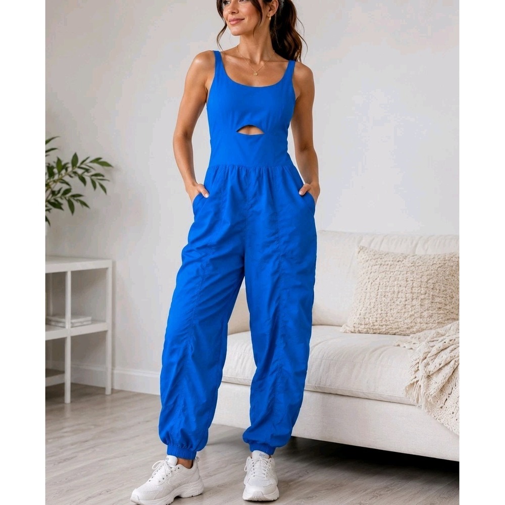 NWT Blue Activewear Jumpsuit Size L Athletic Cutout Back Jogger Romper